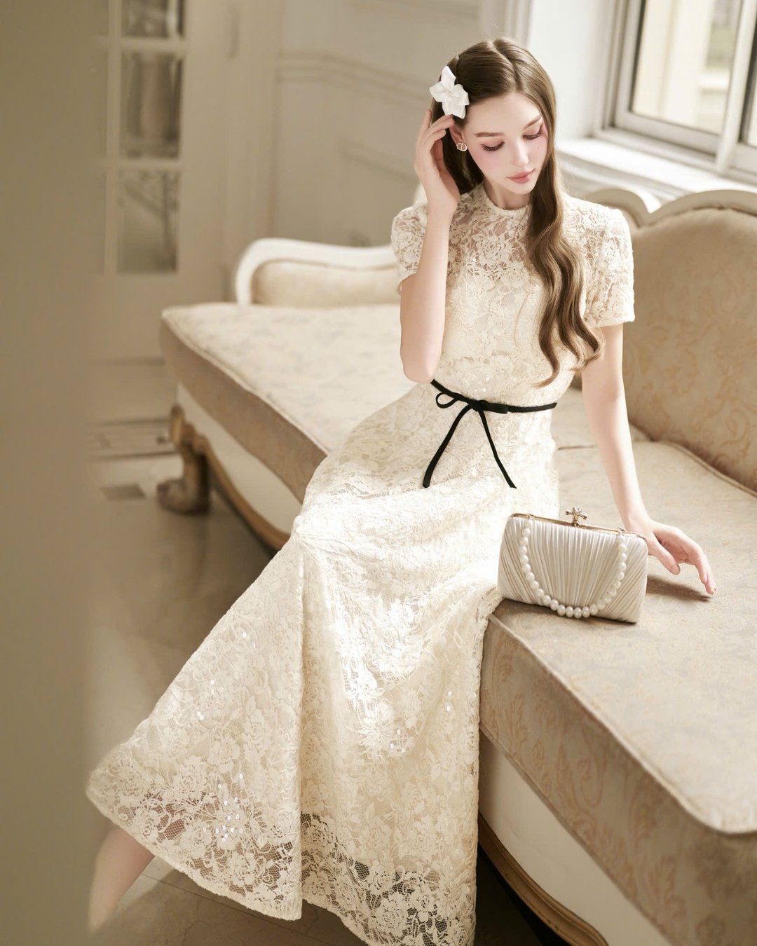 HIU Design Lina 高級 3D 立體花卉蕾絲長裙 米白色