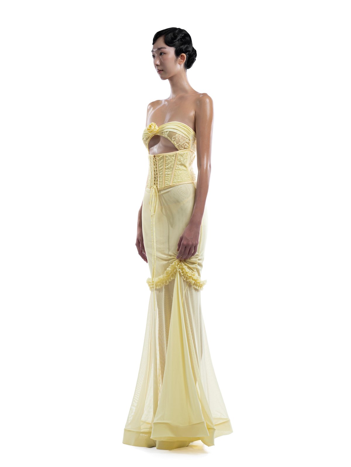 HUELLEYROSE Valentine Yellow Lace Flower Bandeau Dress
