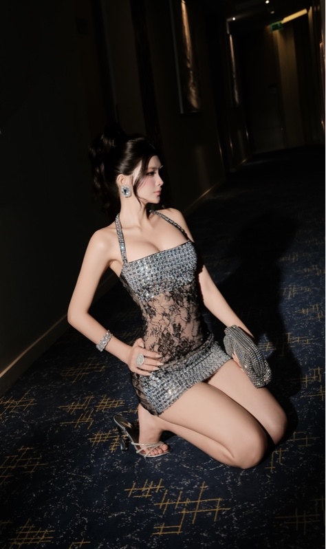THAOBIBI Rhinestone Square Neck Halter Mini Dress