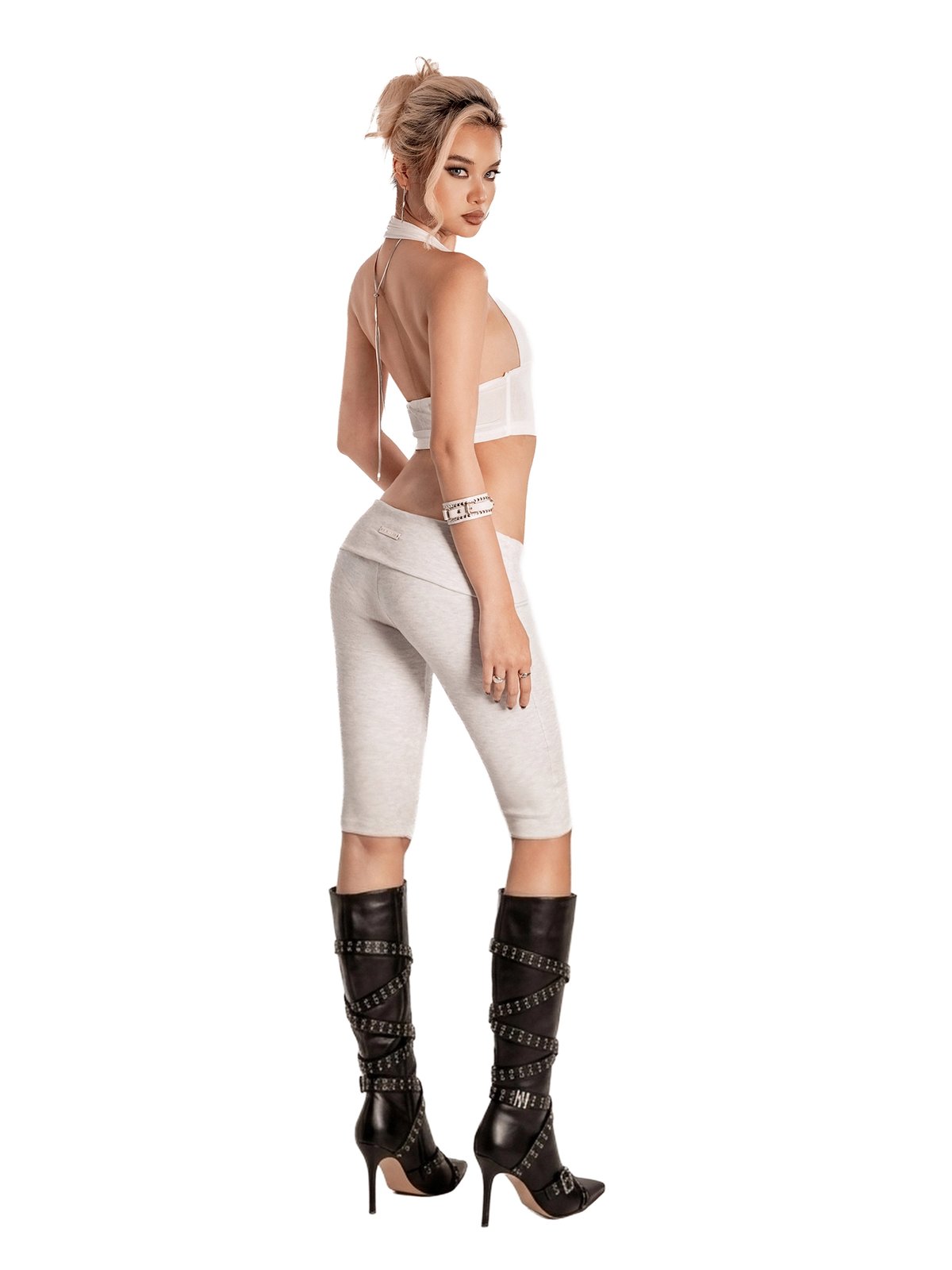 SISTERS Juliana Fold-over Waist Bodycon Mid-length Shorts - Light Grey