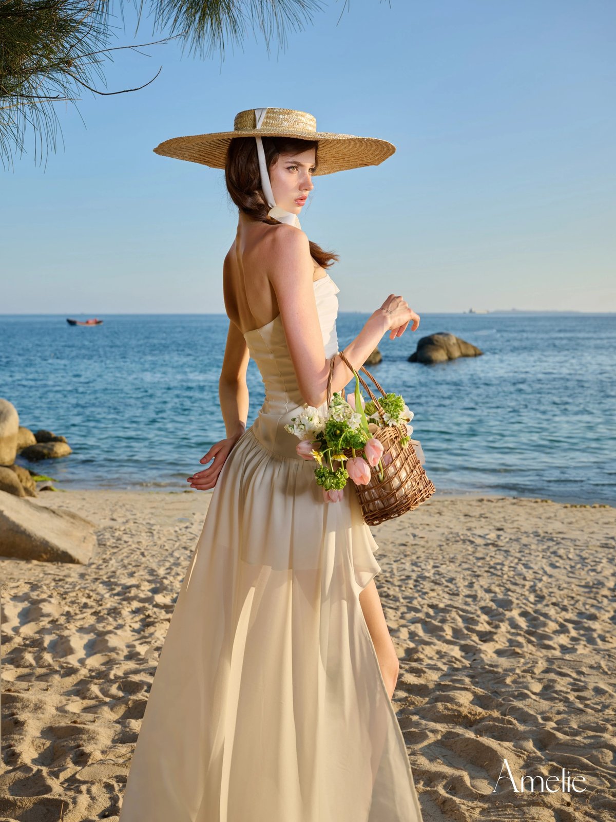 AMELIE Astra 單肩褶皺不對稱長裙 - 米色
