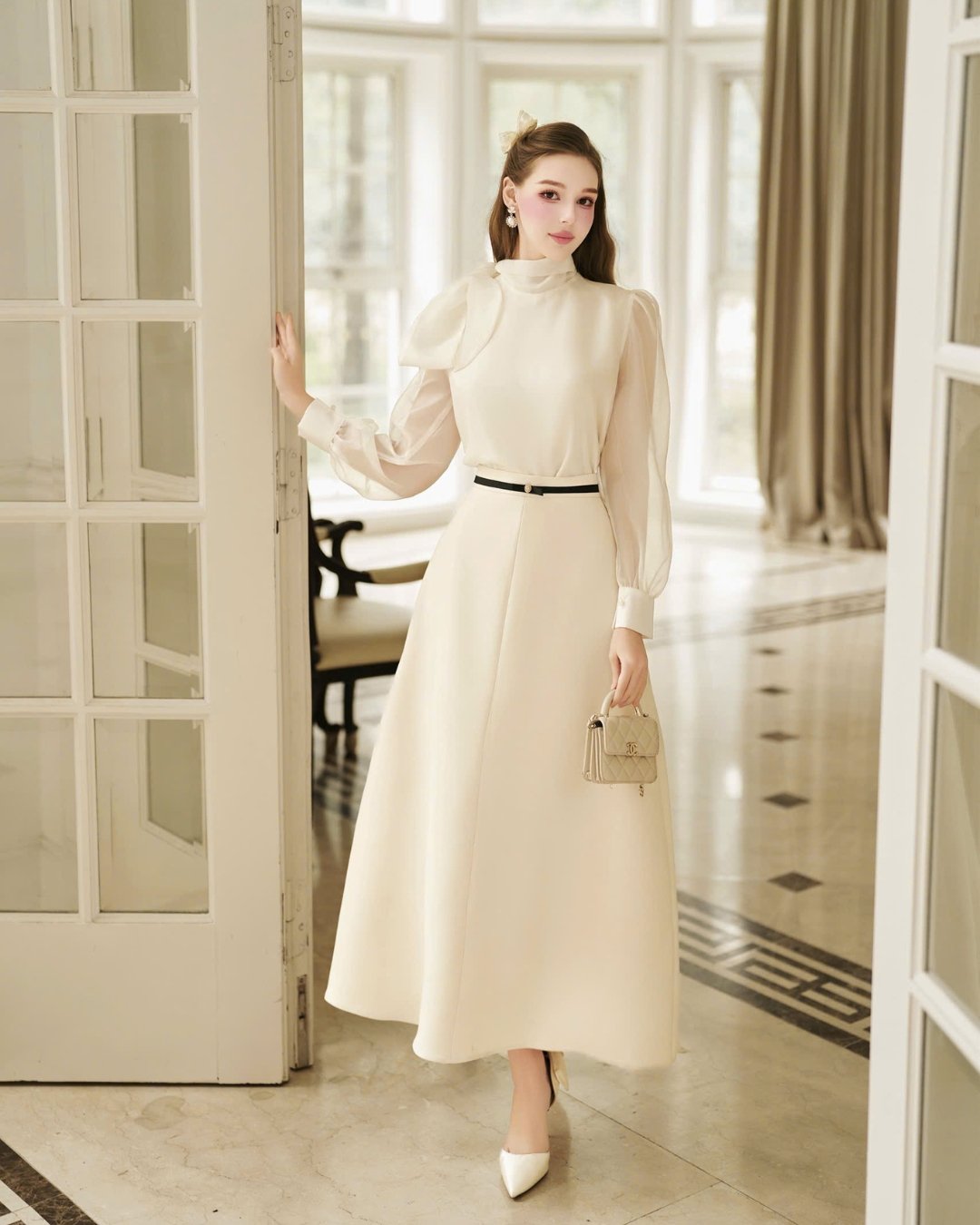 HIU Design Uni Skirt - Korean Style Shimmering Midi Skirt with Waist Bow