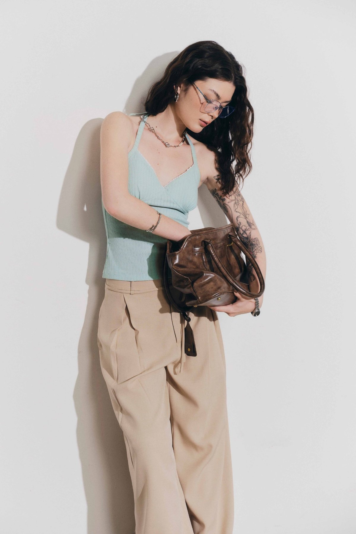 DOTTIE Pleated Wide Leg Trousers - Dark Beige