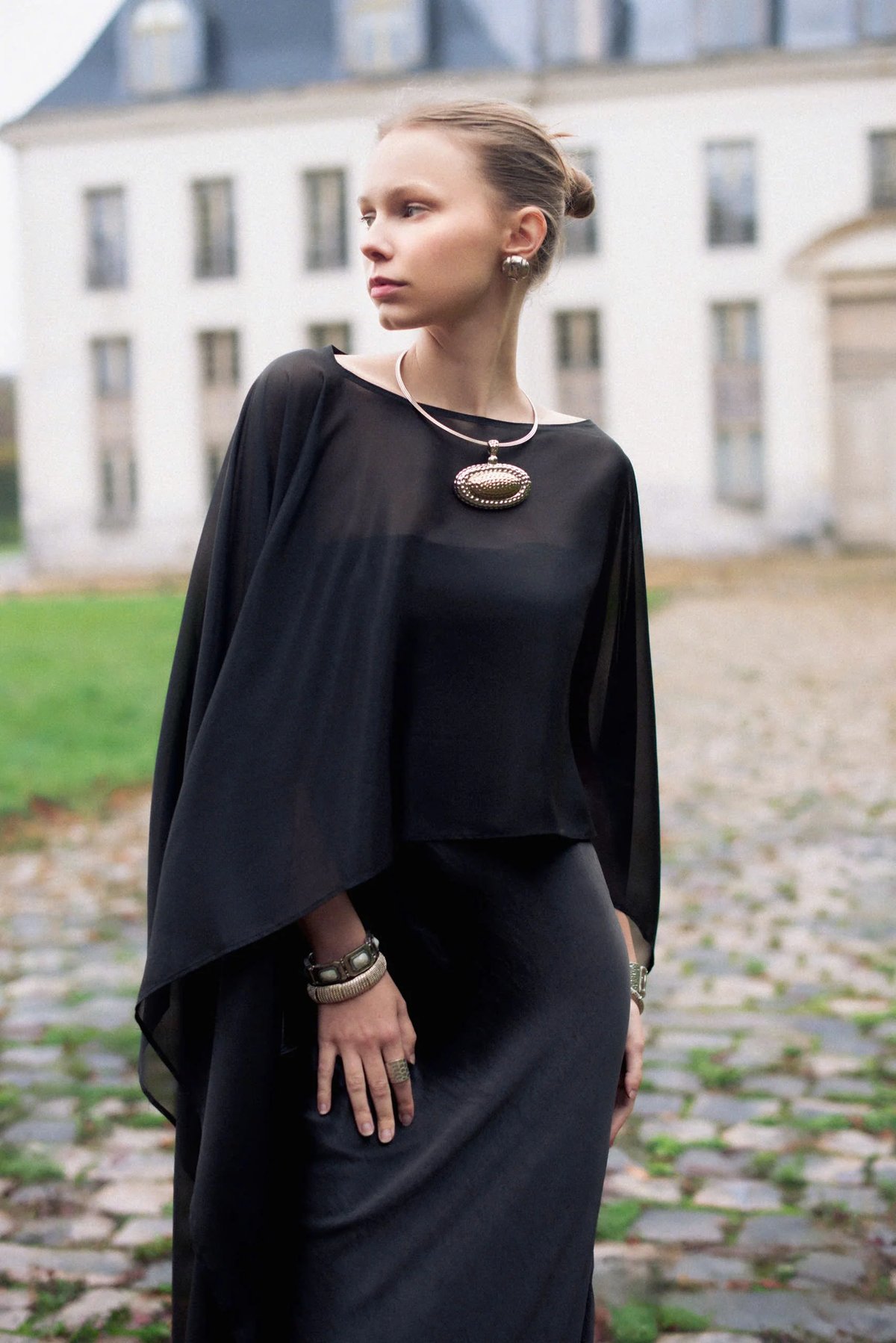 KISSERINE KRIXIE Dress - Strapless Silk Gown with Sheer Organza Cape