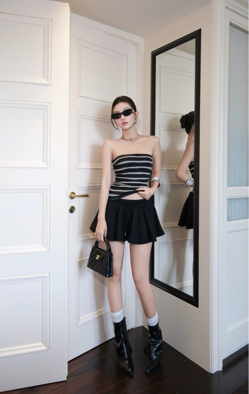 THAOBIBI Striped Tube Top and Flared Mini Skirt Set