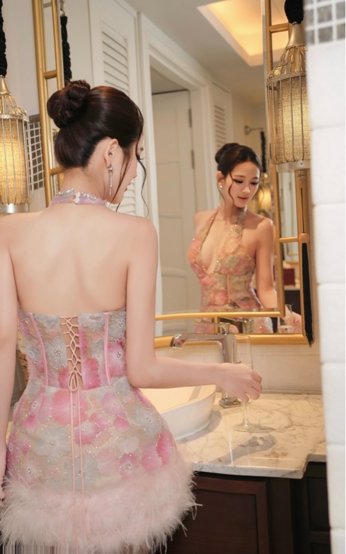 THAOBIBI Sequin Floral Mini Dress with Feather Trim