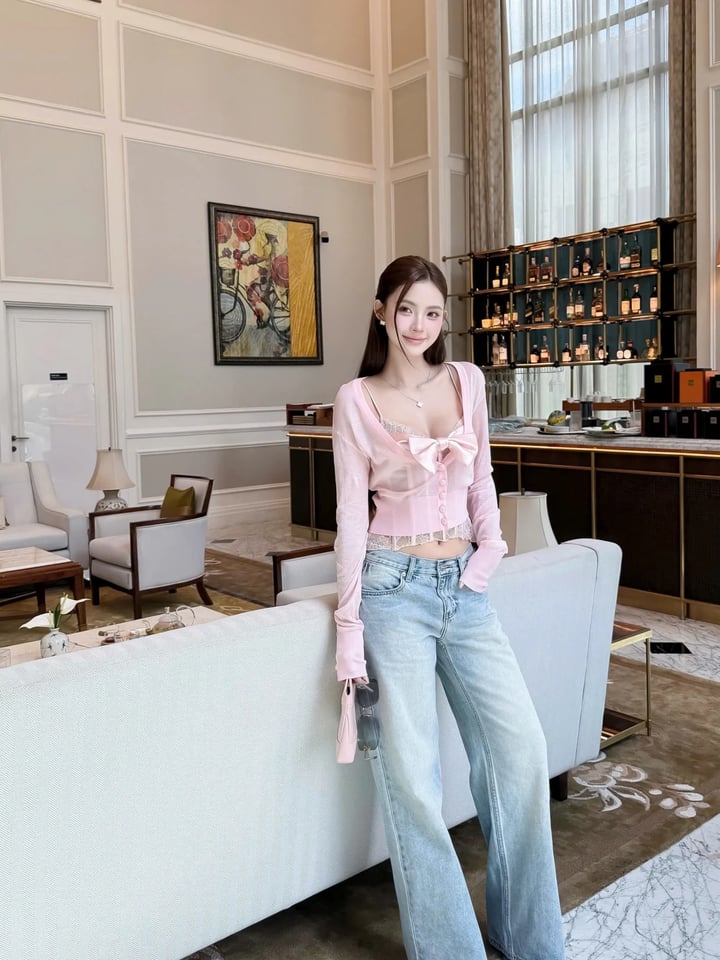 Tran Ali 甜美蝴蝶結蕾絲開衫外套