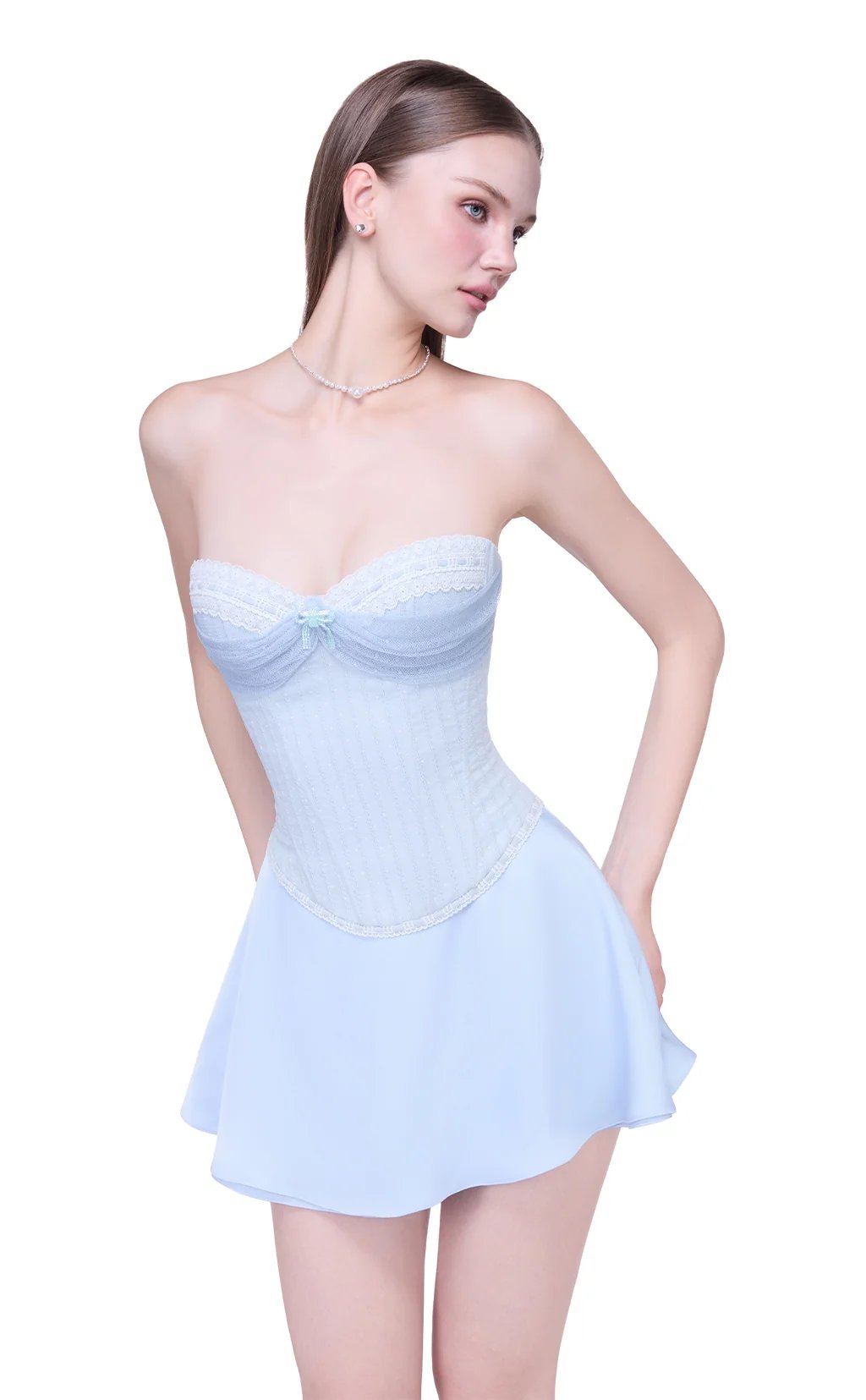 JUBIN Tiffany Corset Strapless Chiffon Corset Top with Pleated Cups