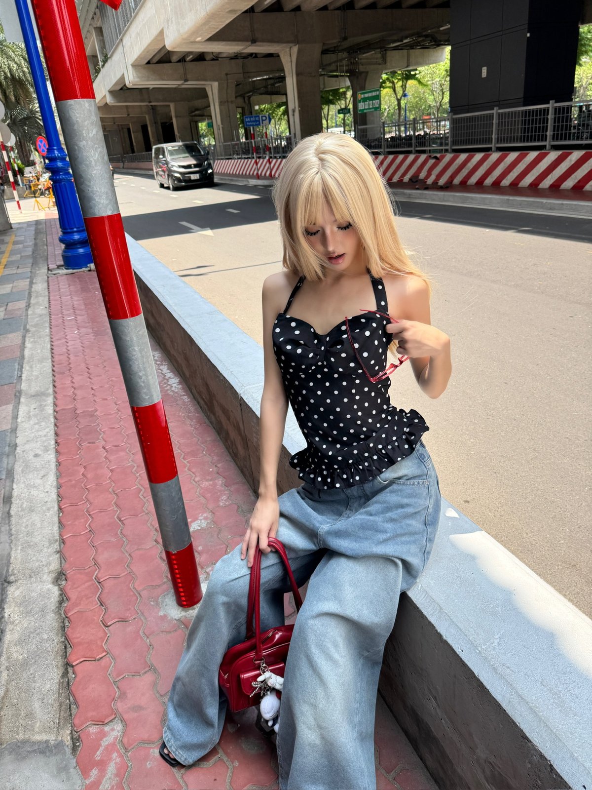 KILL SYSTEM Tristan Polka Dot Tie-Strap Camisole Top