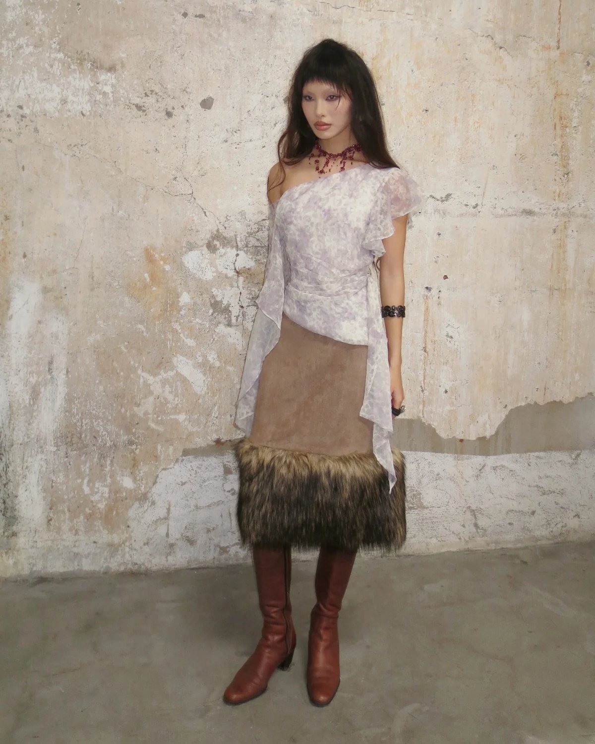 FAWN SKIRT 人造麂皮毛皮飾邊中長裙