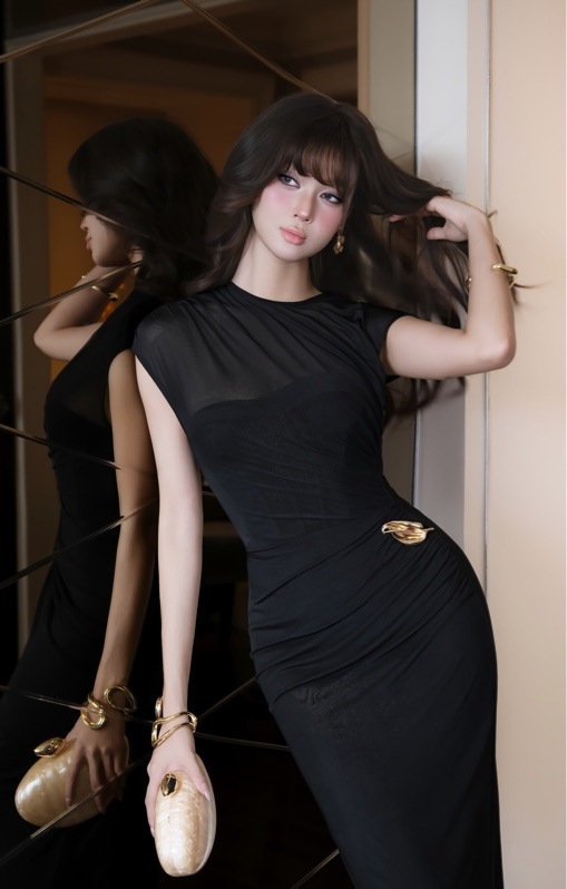 THAOBIBI Mesh Cap Sleeve Maxi Party Dress