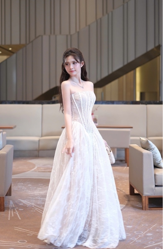 THAOBIBI Lace Bustier Slit Maxi Dress