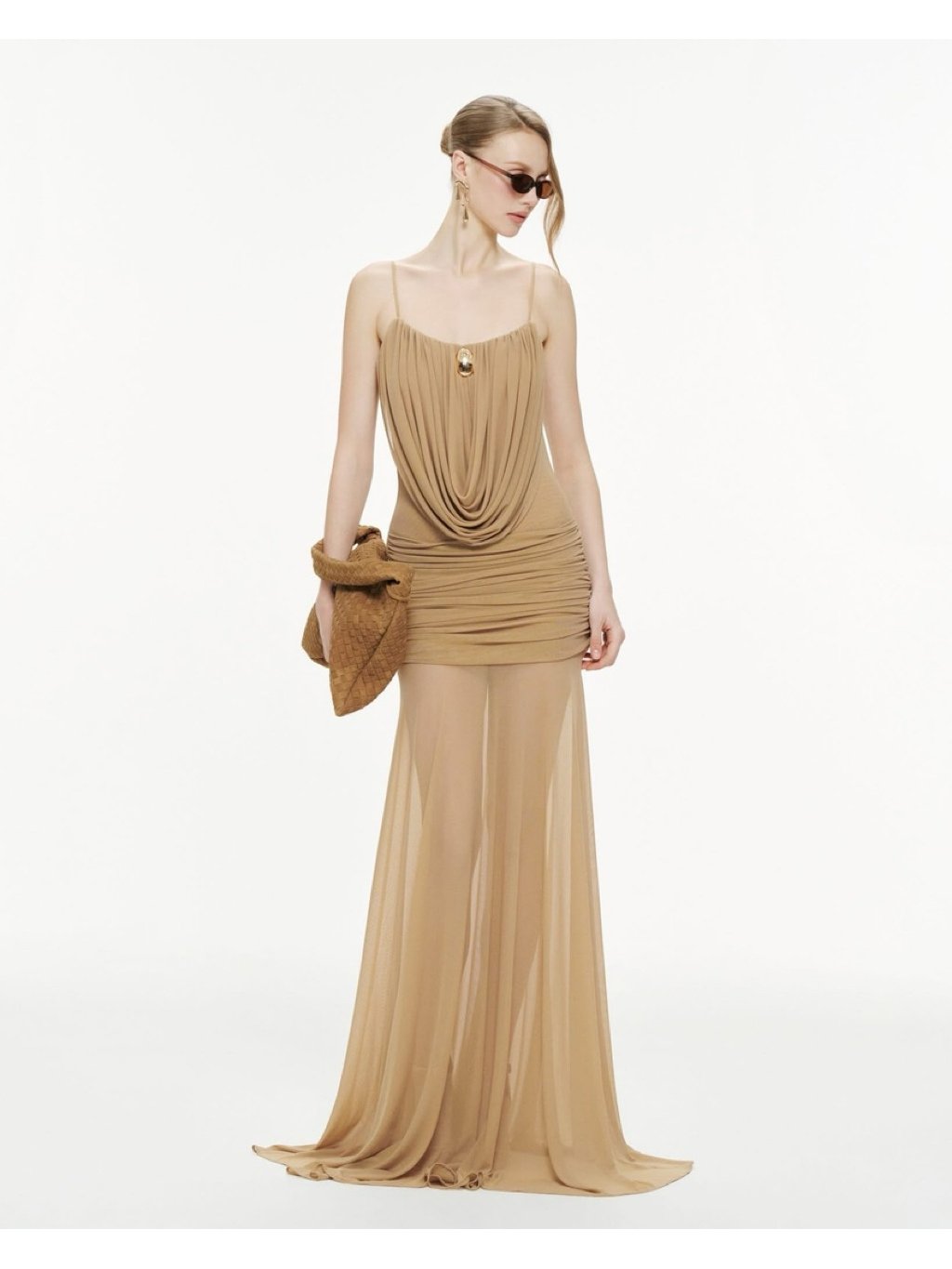 Mollynista Brown Cowl-Neck Ruched Stretch Mesh Gown