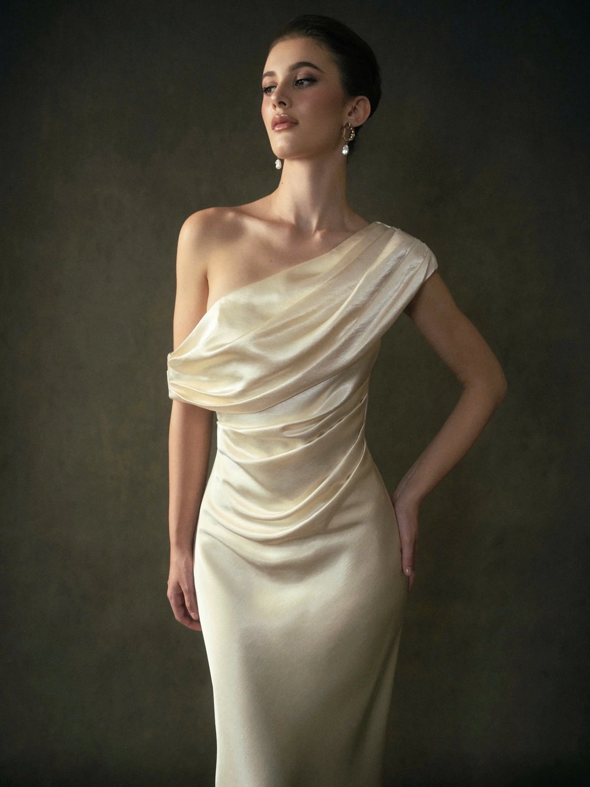KISSERINE GRACE DRESS Asymmetrical Off-Shoulder Satin Maxi Dress
