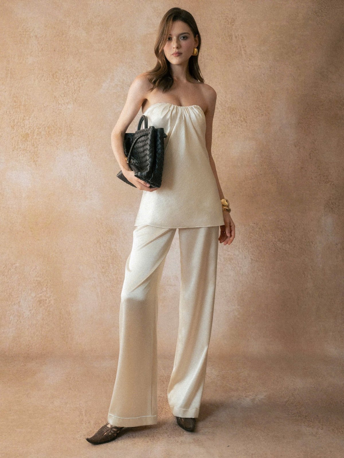 KISSERINE EVERYDAY MUSE SET Minimalist Bandeau Top and Straight-Leg Silk Pants Set