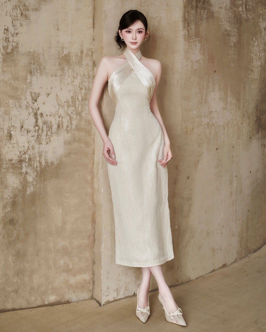 HIU Design Celin Dress 3D蕾絲絲綢拼色中長裙 內建胸墊 優雅名媛風