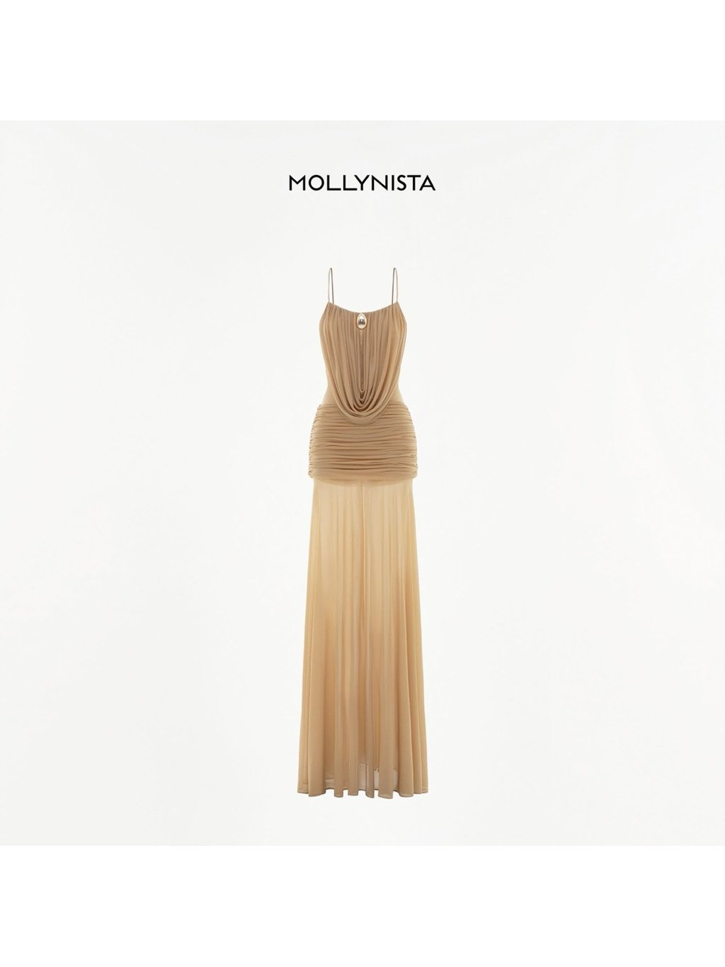 Mollynista Brown Cowl-Neck Ruched Stretch Mesh Gown