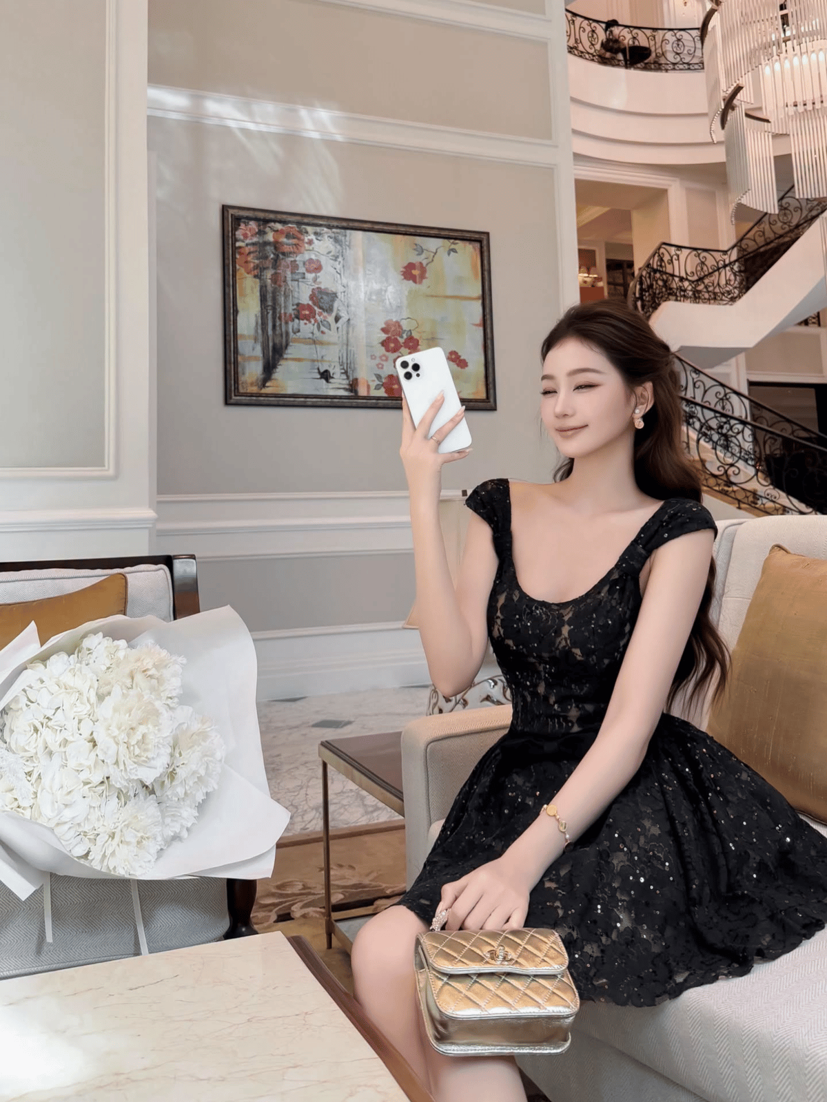 Tran Ali Sequin Lace Bow Shoulder Dress