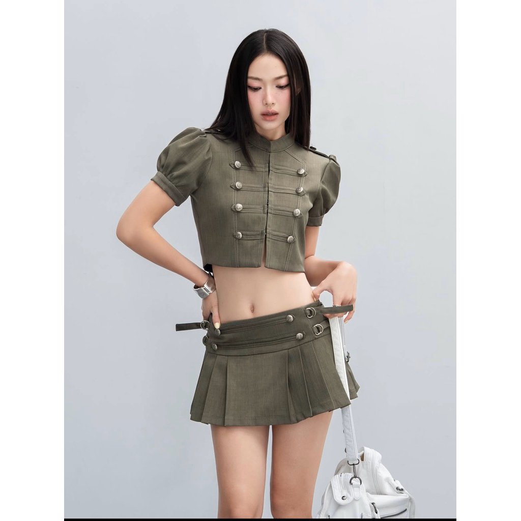 Ladyqueen Army X Set Military Style Cropped Top and Pleated Skirt
