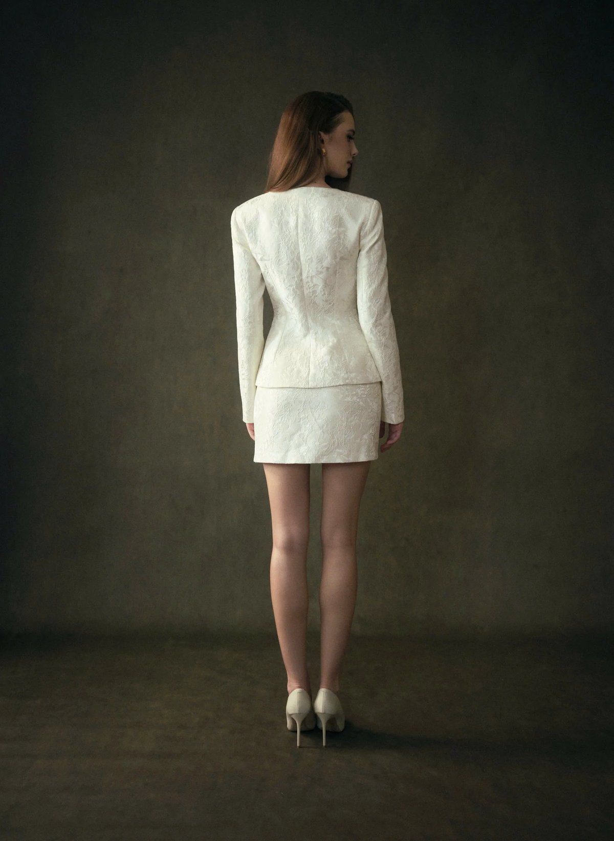 KISSERINE CLAUDETTE SET - Ivory White Jacquard Jacket and Mini Skirt