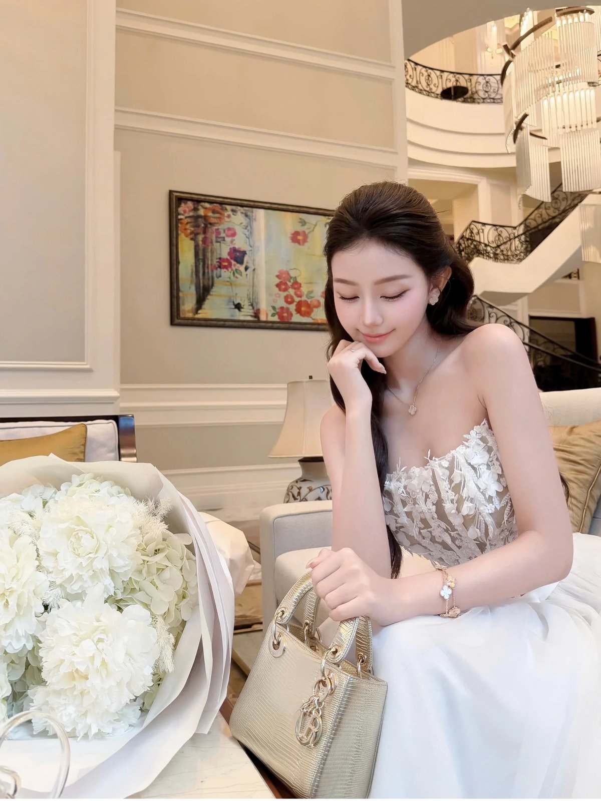 Tran Ali 3D Floral Appliqué Bustier Maxi Dress