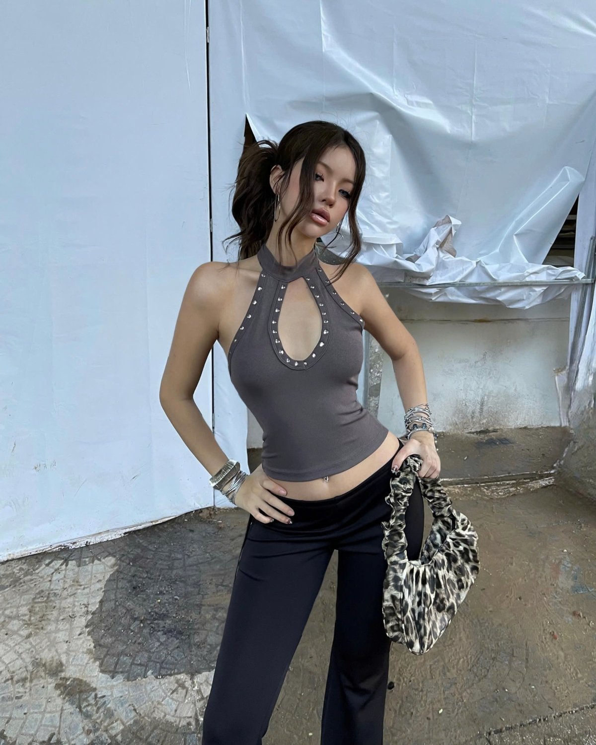 KILL SYSTEM ZIFAN Studded Halter Top Sexy Cut-out Top