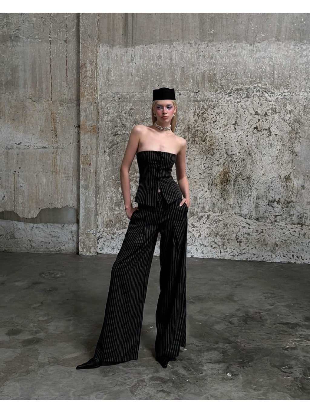 DEPASS Libre Pinstripe Corset and Wide Leg Pants Set