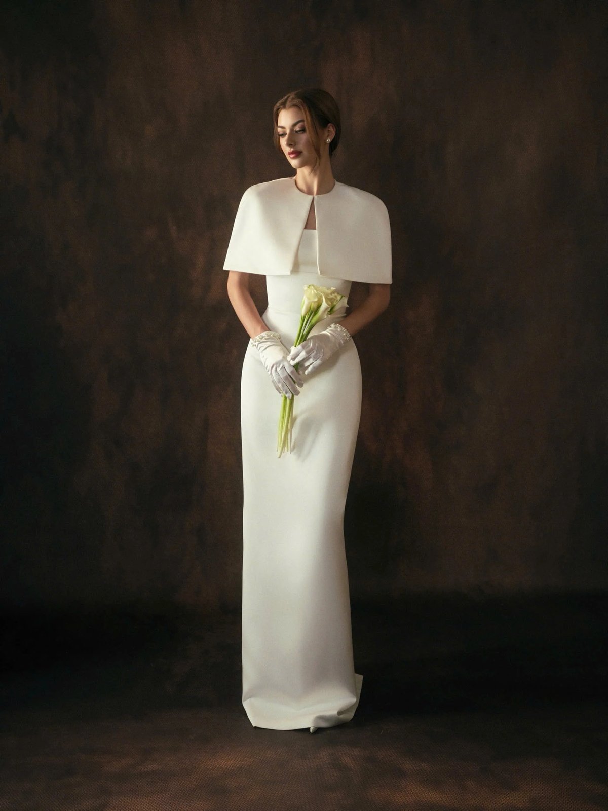 KISSERINE CATERINA Dress - White Satin Strapless Wedding Dress with Detachable Cape