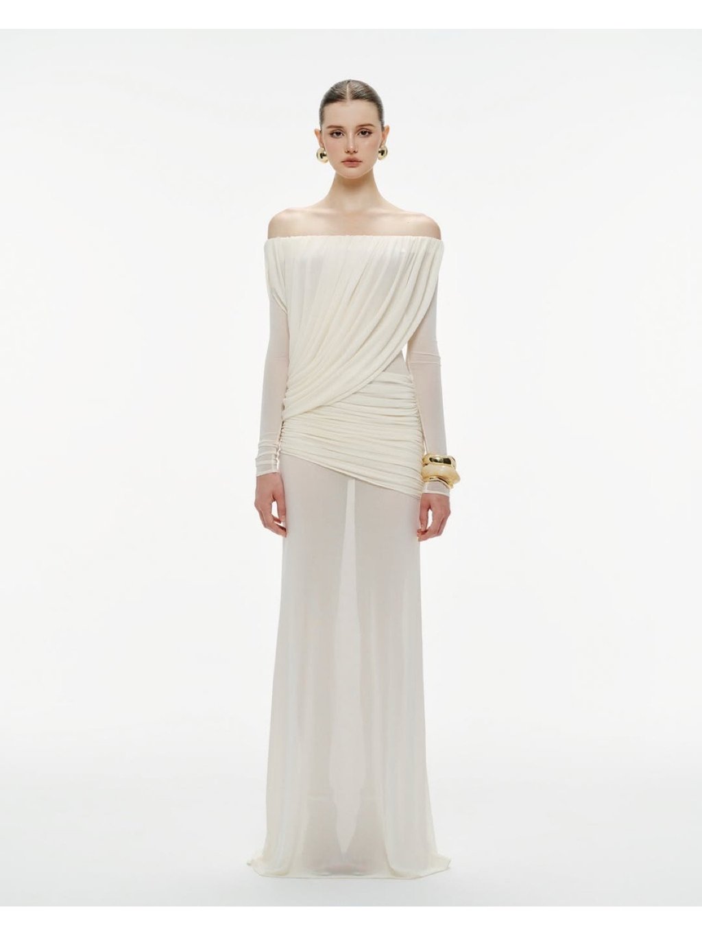 Mollynista White Off-Shoulder Draped Mesh Dress