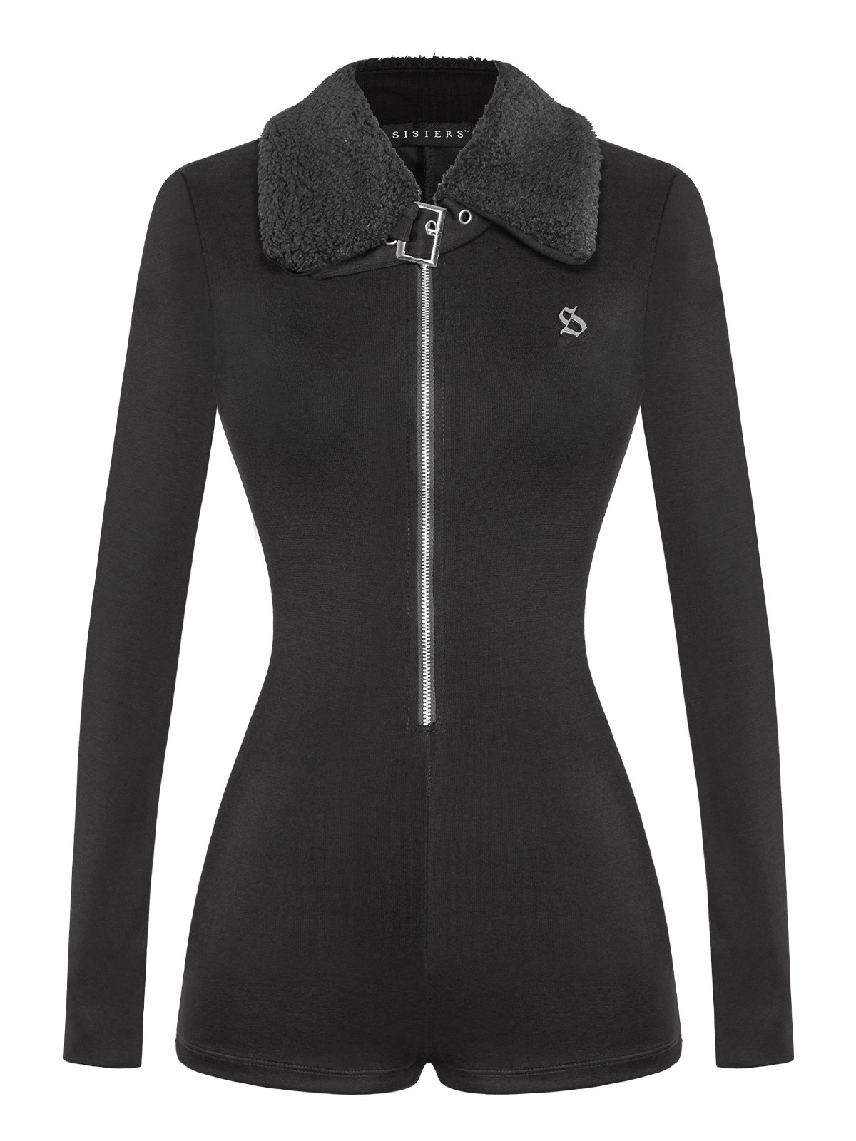 SISTERS Francesca Faux Shearling Collar Long Sleeve Romper - Black
