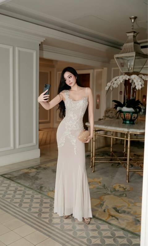 THAOBIBI Beaded Mesh Lace Appliqué Maxi Dress
