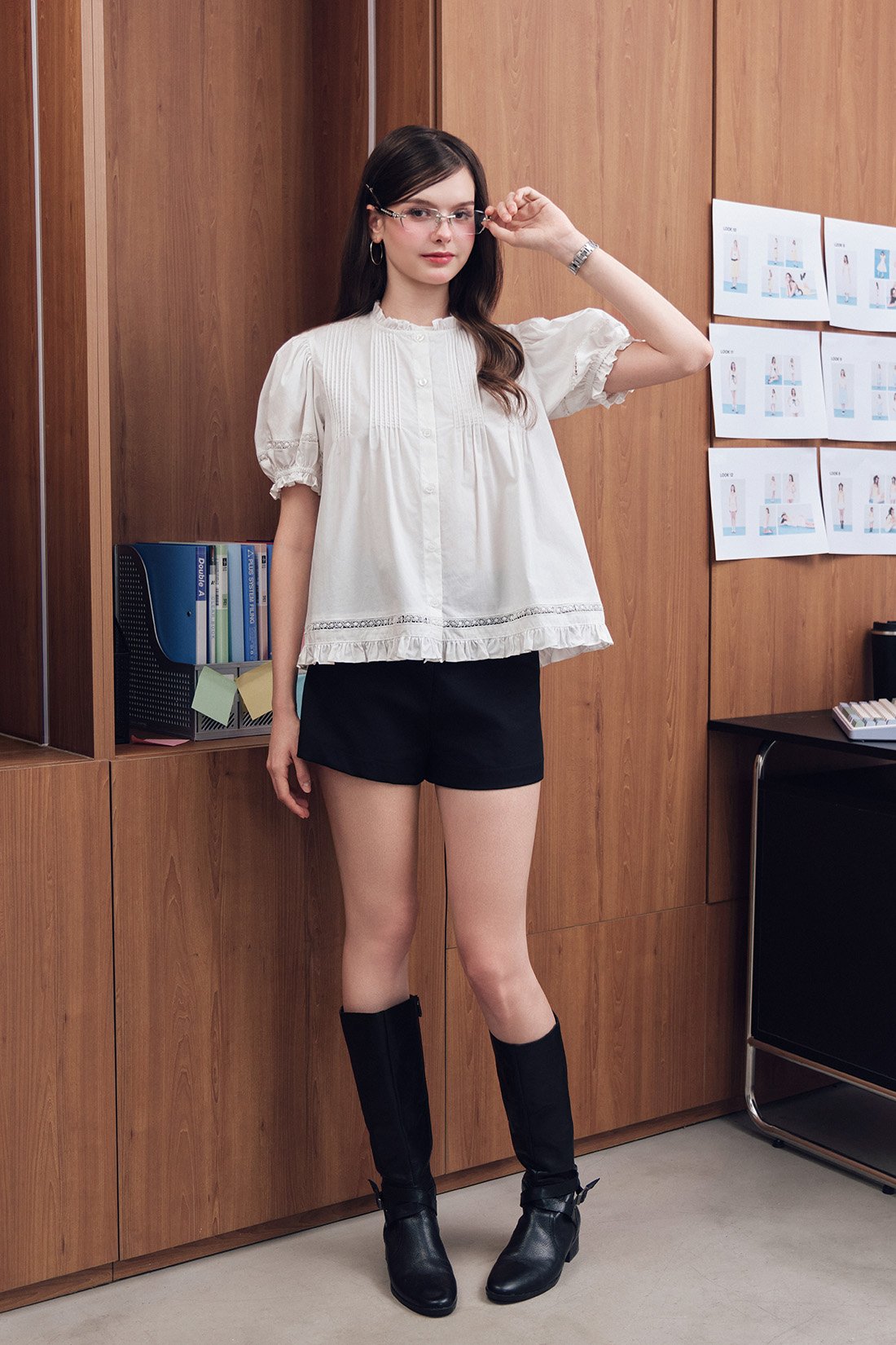 DOTTIE Puff Sleeve Pleated Blouse - White