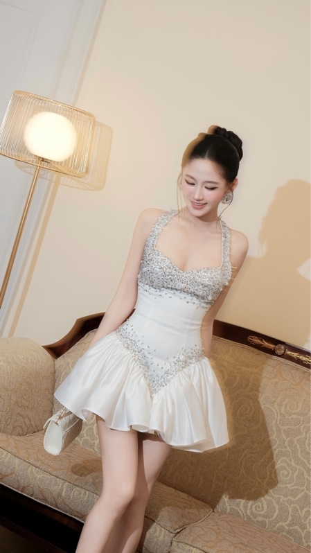 THAOBIBI 鑲石吊帶荷葉裙擺短禮服