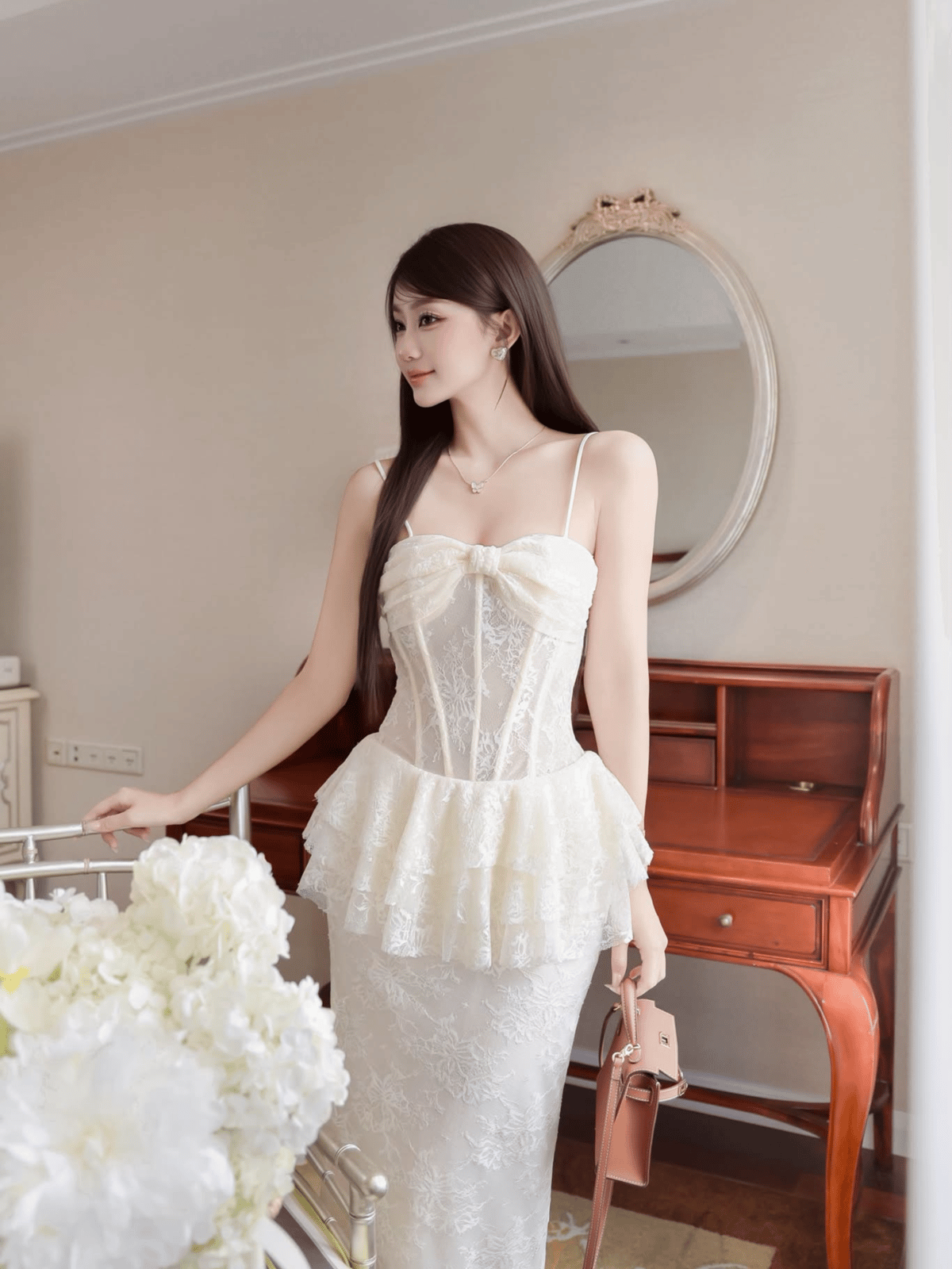 Tran Ali Lace Layered Dress with Chest Bow