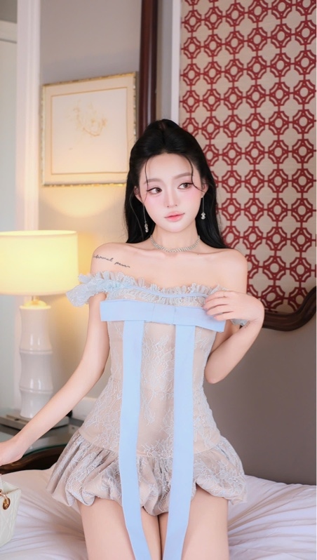 THAOBIBI Embroidered Lace Bow Mini Dress