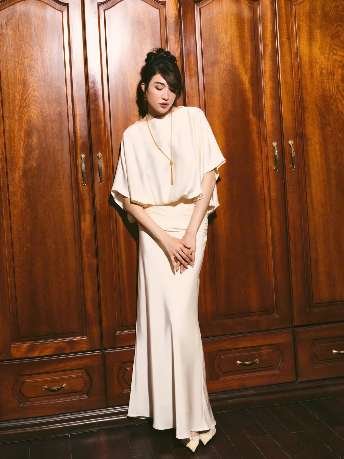 KISSERINE ALMA Satin Pleated Draped Back Dress