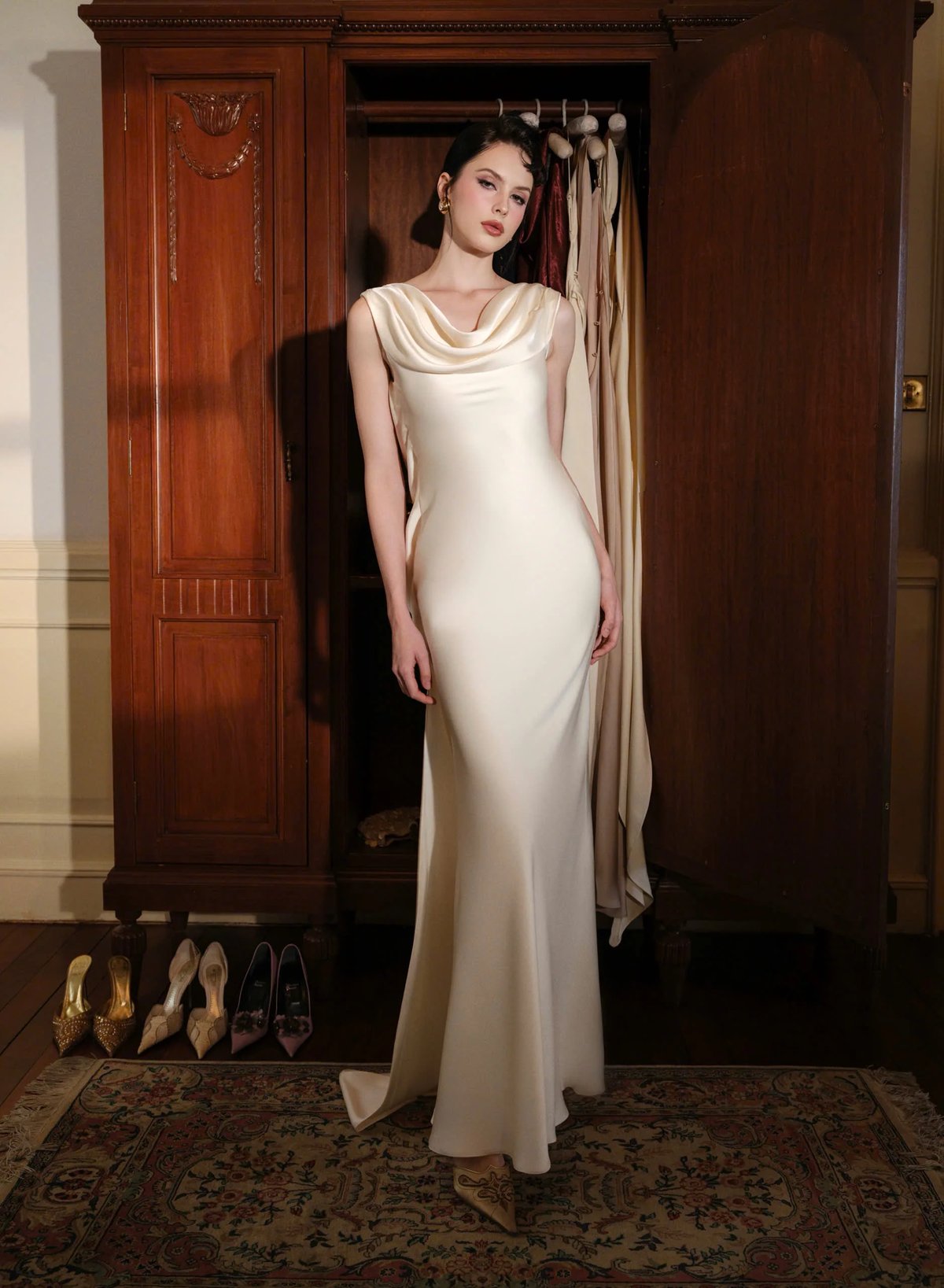 KISSERINE MONET DRESS Satin Cowl Neck Elegant Evening Dress