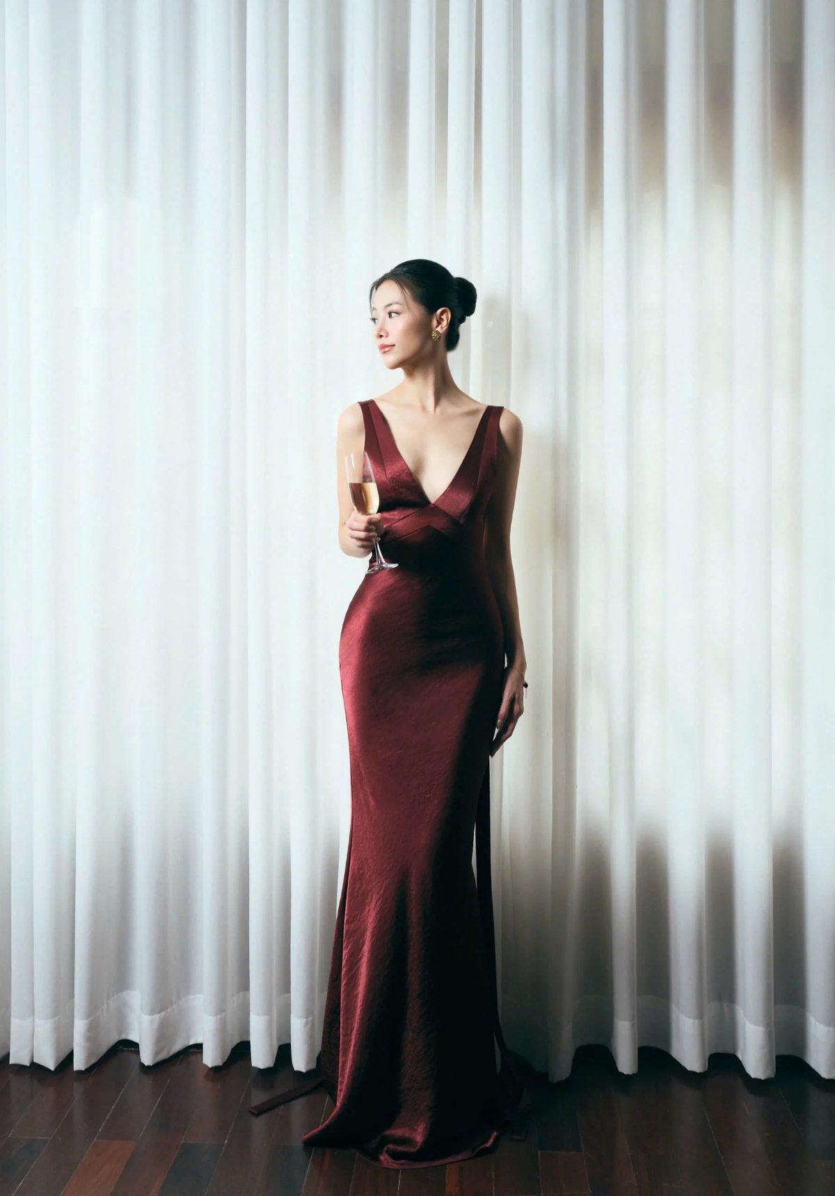 KISSERINE TALIVIA Silk Satin Deep V Neck Open Back Maxi Dress