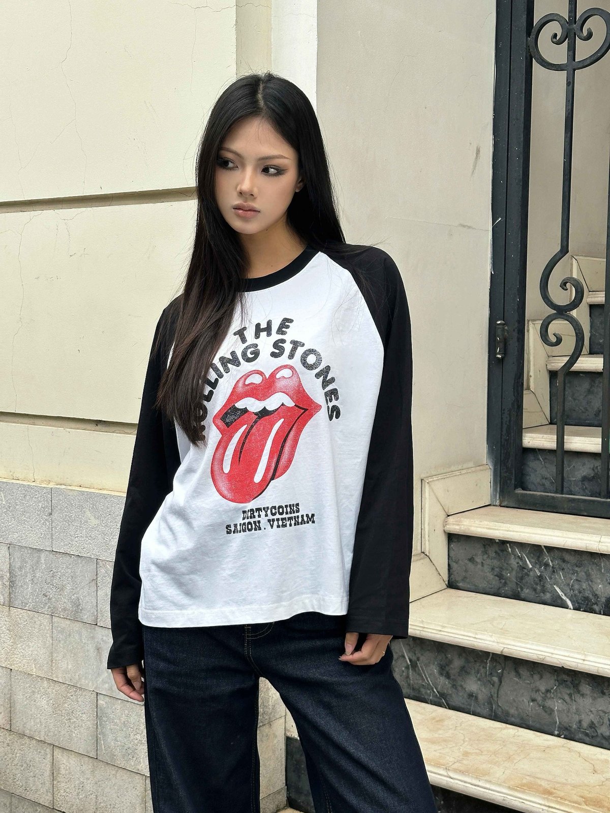 DIRTYCOINS Raglan Long Sleeve T-Shirt Faded Print
