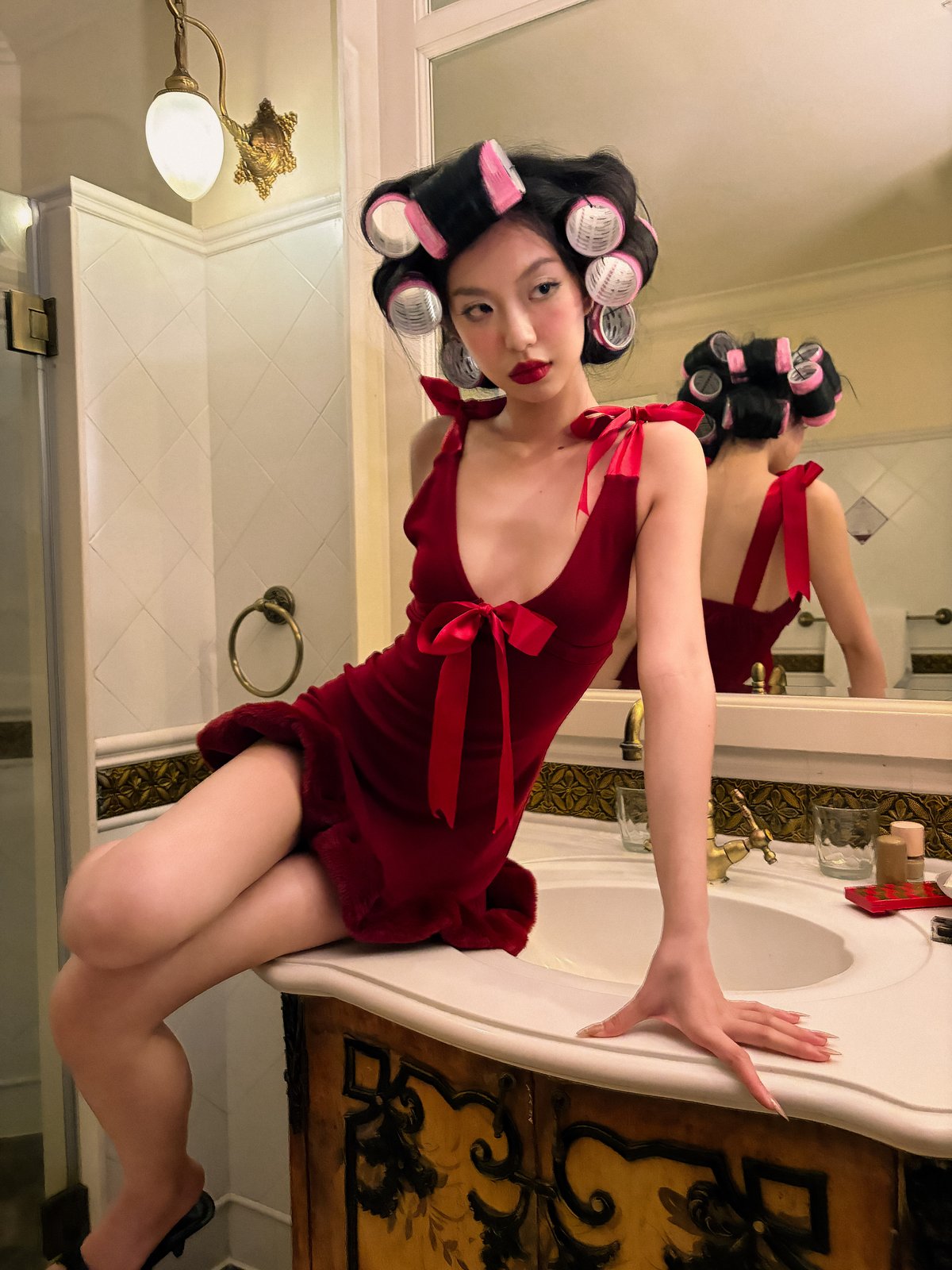 DUUSTU RED BLOOM Velvet Mini Dress with Faux Fur Trim and Ribbon Details