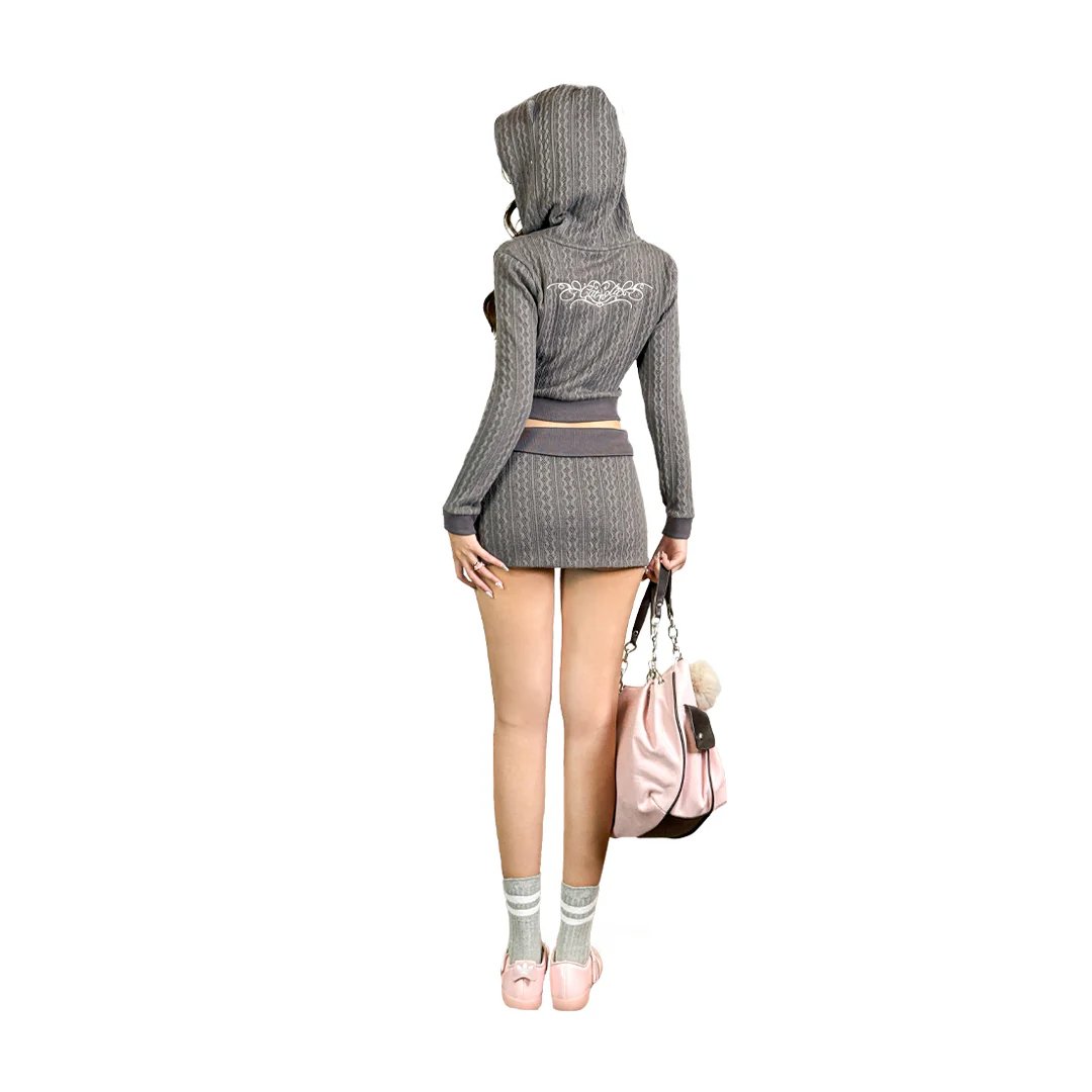 AIAI Cat Spell Knitwear Set with Cat Ear Hooded Jacket and Bodycon Skirt