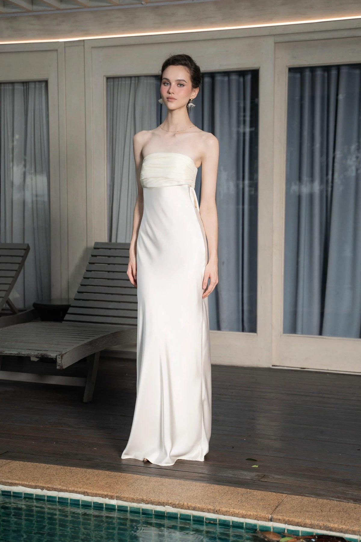 KISSERINE RACHEL Strapless Silk Satin Dress with Ruffles