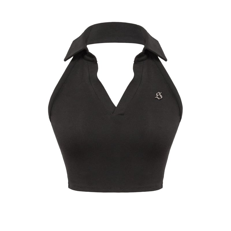 SISTERS Isobe Collared Halter Backless Croptop