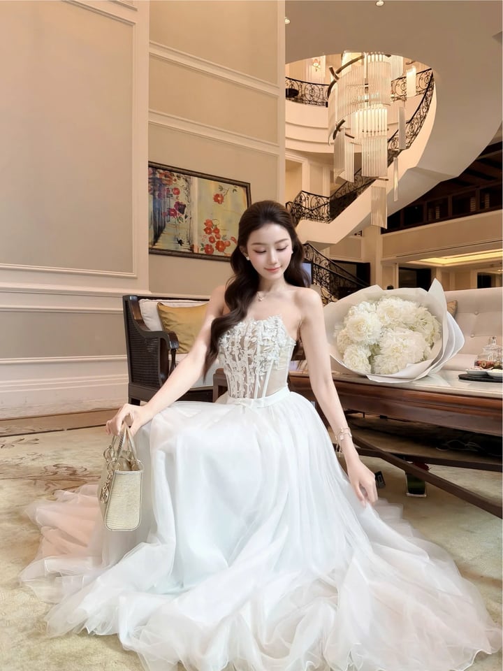 Tran Ali 3D Floral Appliqué Bustier Maxi Dress