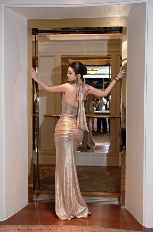 THAOBIBI Glitter Butterfly Print Halter Maxi Dress