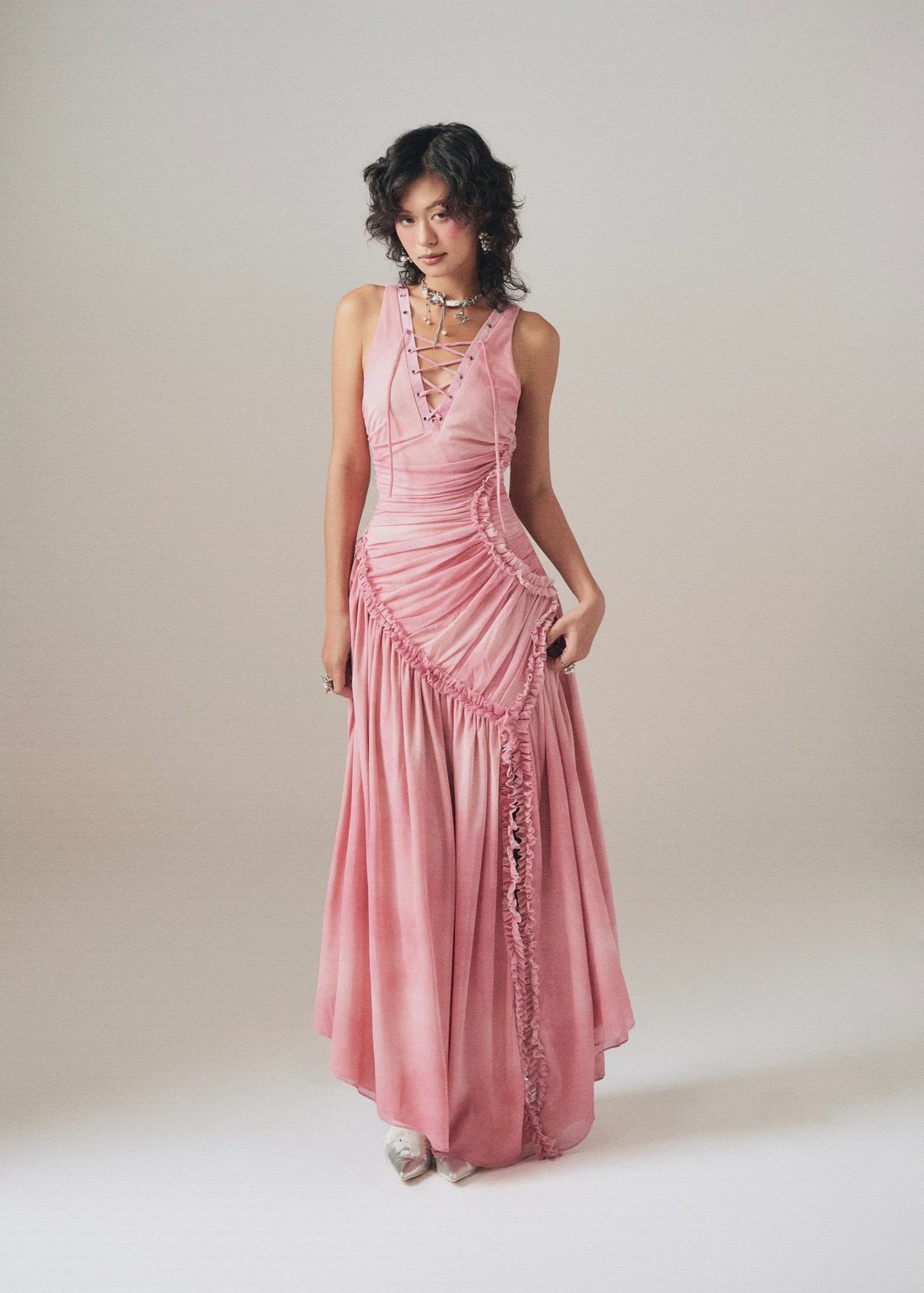 INTO.EIGHT Blush Dress Lace-up Ruched Maxi Dress