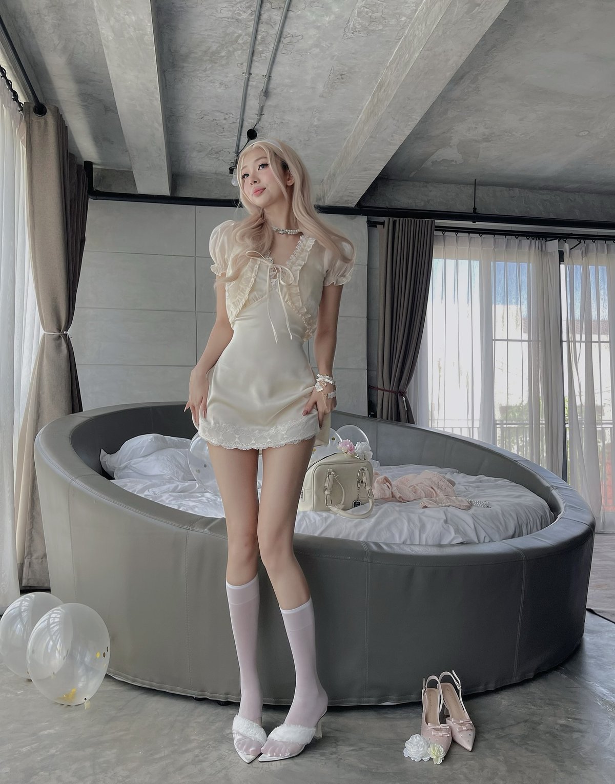 Bandarsaya Aurora Set - Satin Halter Dress with Puff Sleeve Mini Jacket
