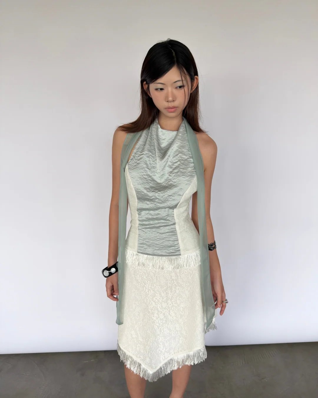 into.eight Mint Halter Top with Lace Panels and Fringe Detail