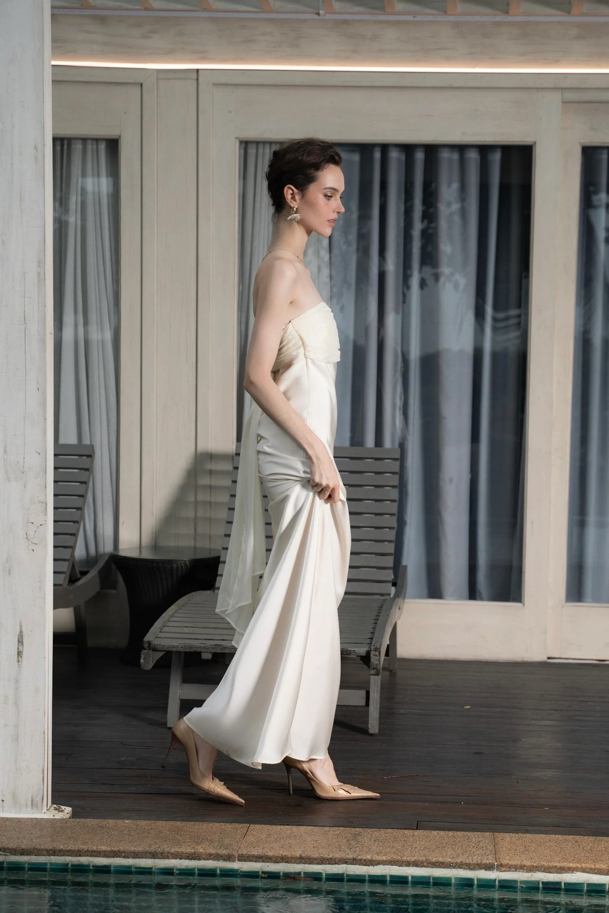 KISSERINE RACHEL Strapless Silk Satin Dress with Ruffles