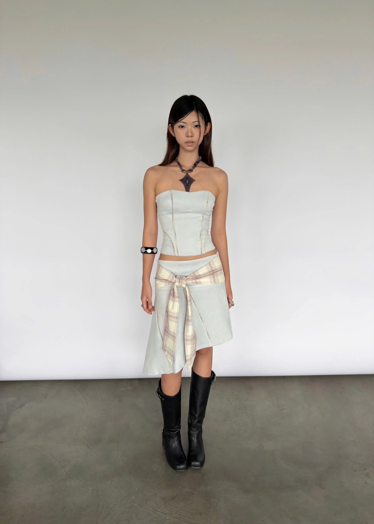 NINA 不對稱低腰格紋拼接半身裙